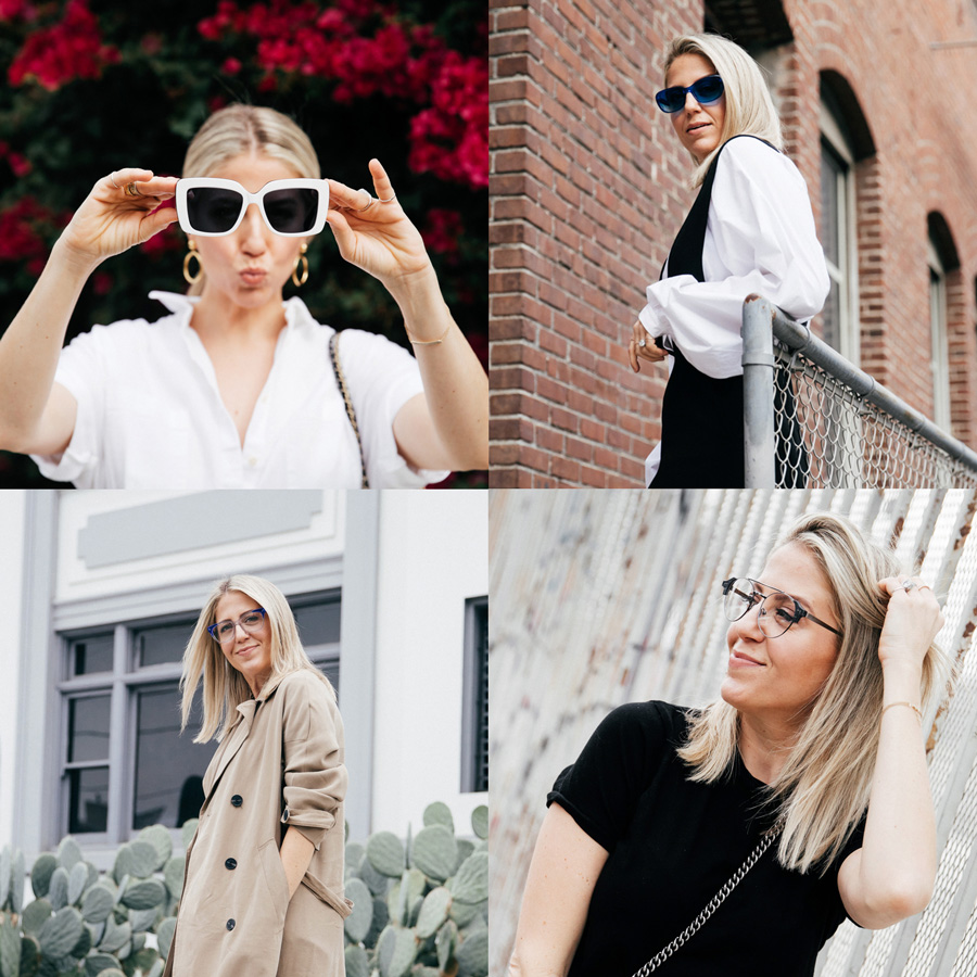 Woman showcasing various styles of sunglasses: white square, blue cat-eye, clear aviators, and beige rectangular frames.