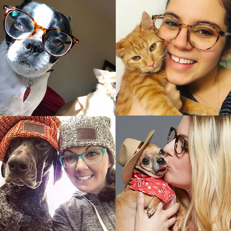 Dog wearing glasses, person holding a cat, woman and dog with matching hats, woman kissing dog in a cowboy hat.