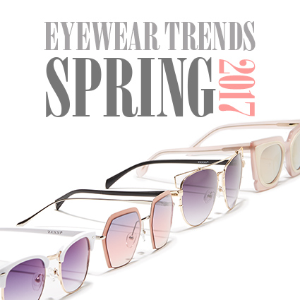 Eyewear Trends Spring 2017. Variety of sunglasses with different frames and lens colors.