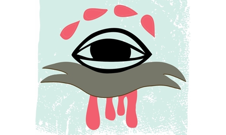 Stylized eye with red teardrops and red, dripping paint against a light blue textured background.