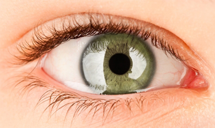 Close-up of a green eye with a detailed iris and lashes.