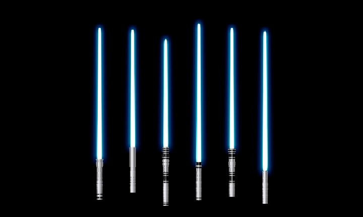 Blue lightsabers with silver hilts, six in a row against a plain black background.