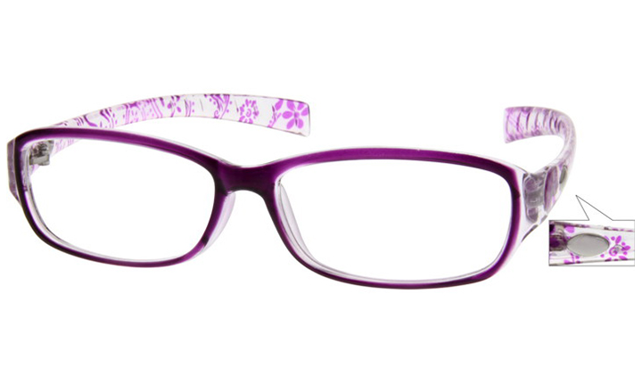 Purple rectangular glasses with white and purple floral design on the arms.