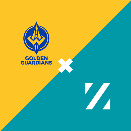 Golden Guardians logo on yellow, Partnership sign 'X', white logo on teal background.