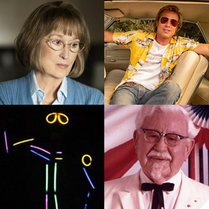 Woman in glasses and blue sweater, man in a car wearing a Hawaiian shirt, neon stick figure, older man in white suit and black tie.