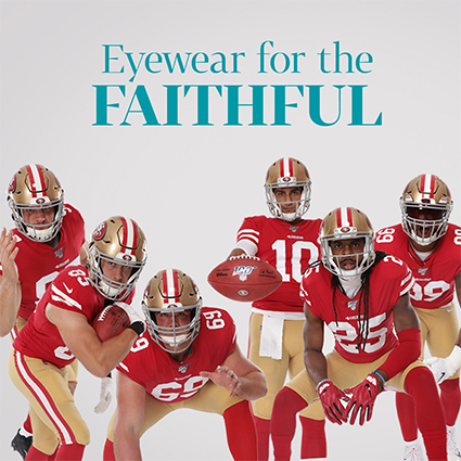 Eyewear for the FAITHFUL. Six football players in red uniforms, wearing helmets, position on the field.