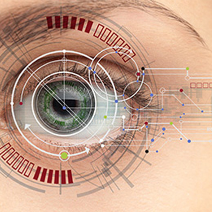 Futuristic eye with digital interface elements and circular HUD graphics.