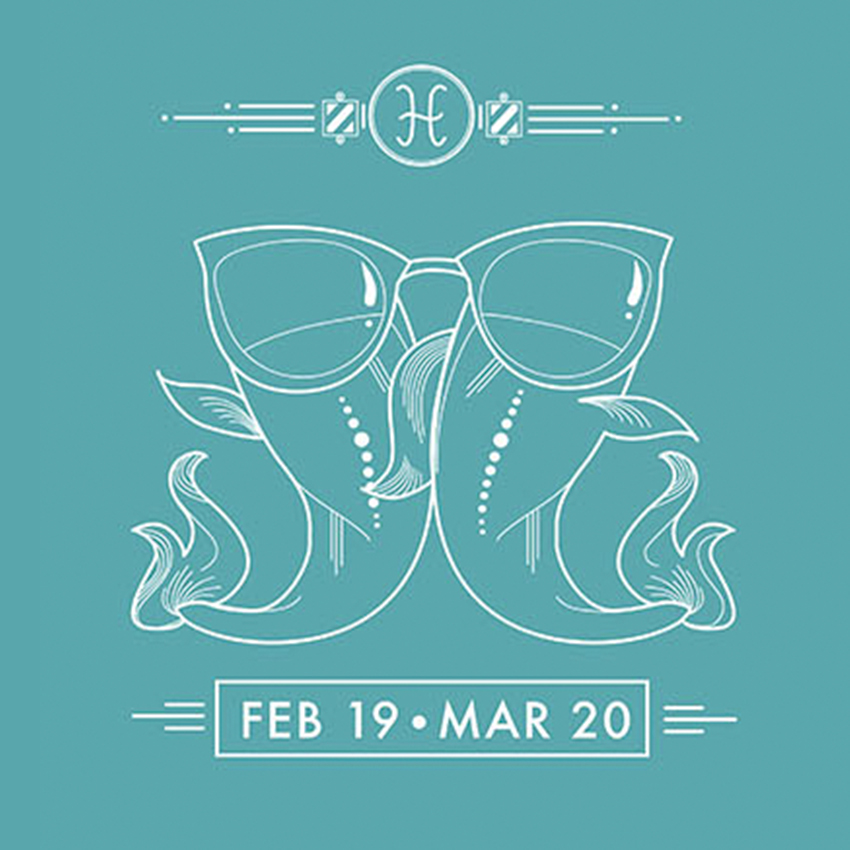 Two fish wearing glasses with the text "FEB 19 - MAR 20" below them.