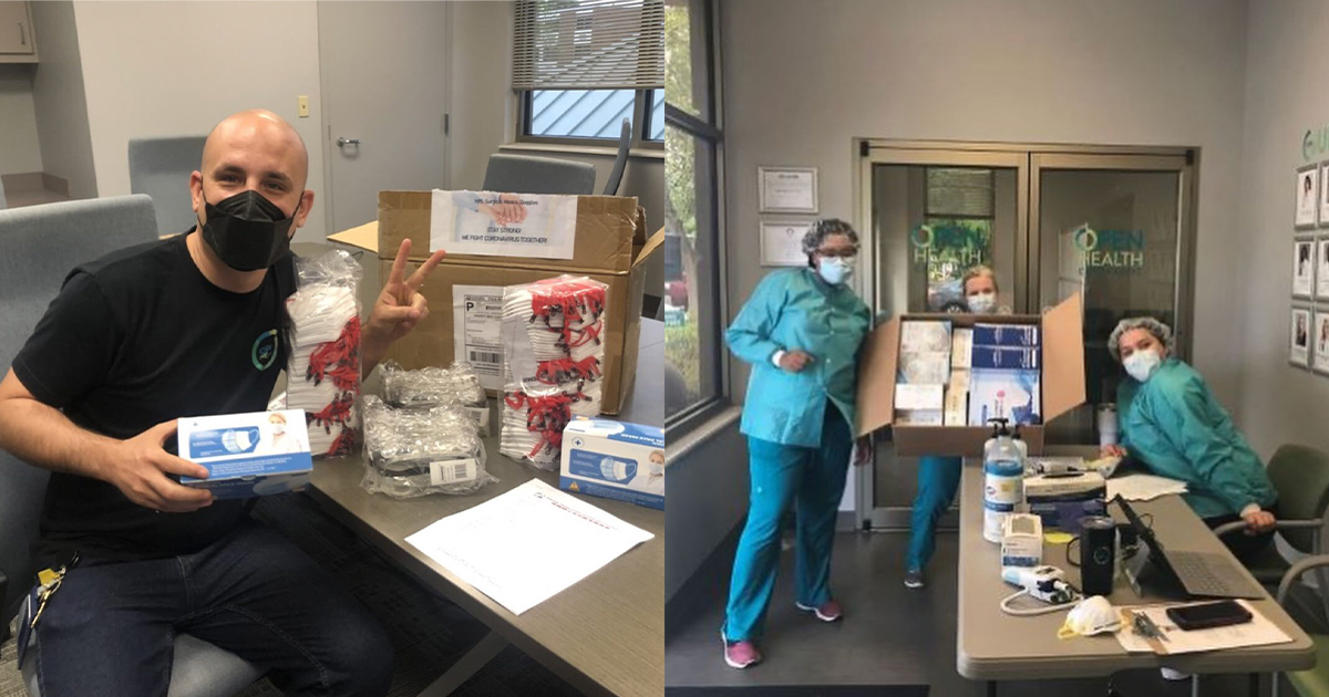 Man with masks showing a box labeled, "Stay Strong! We Fight Coronavirus Together!" Nurses with a box at a clinic.