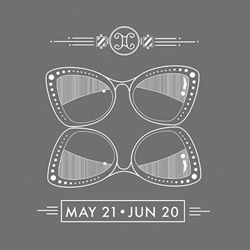 Glasses illustration with text "May 21 • Jun 20" and decorative design above.