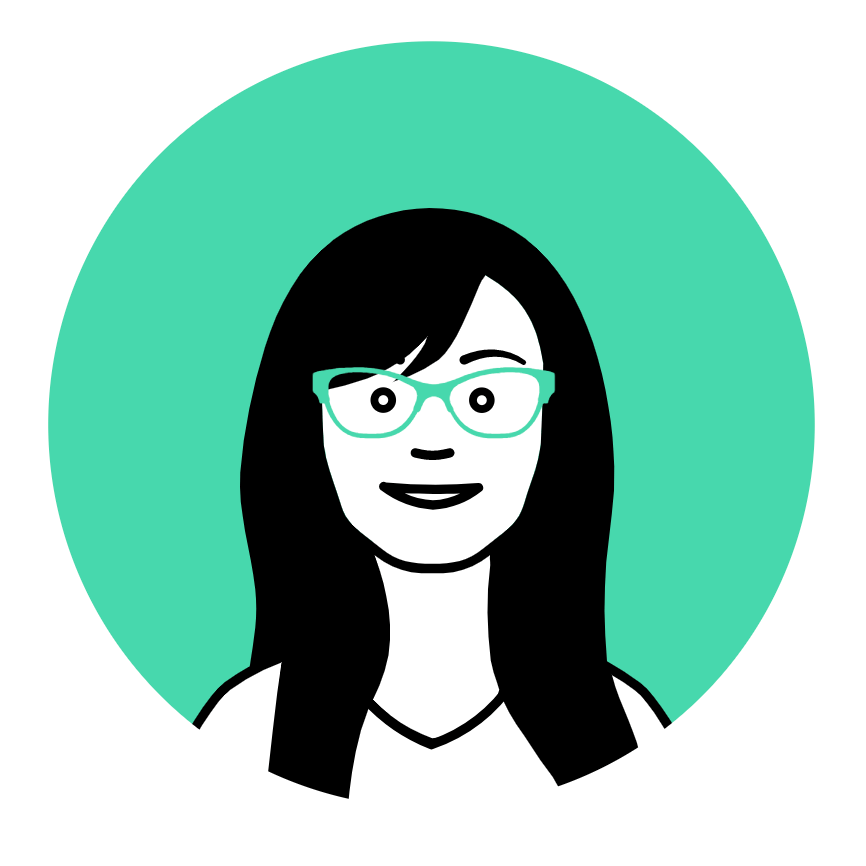 Cartoon illustration of a person with long hair and teal glasses, smiling against a circular teal background.