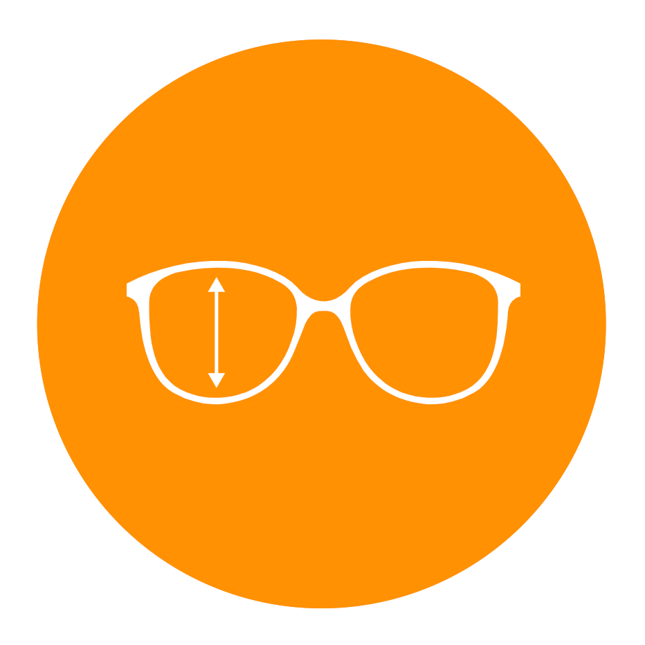 Eyeglasses icon with double-headed vertical arrow indicating lens height measurement on orange circle background.