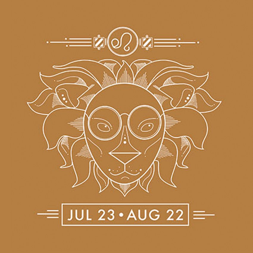 Leo zodiac symbol with floral mane and date range "JUL 23 - AUG 22" on a brown background.