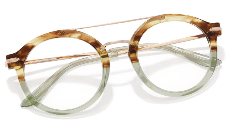 Round tortoiseshell and clear glasses with light green temples and thin metal bridge.