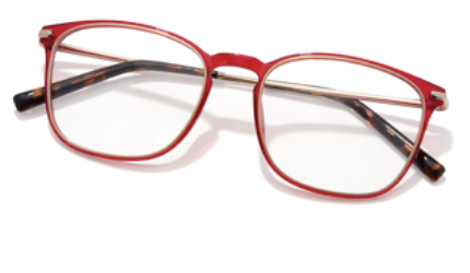 Red rectangular eyeglasses with tortoiseshell-patterned arms.