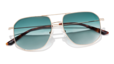 Gold-framed aviator sunglasses with green gradient lenses and brown temple tips.