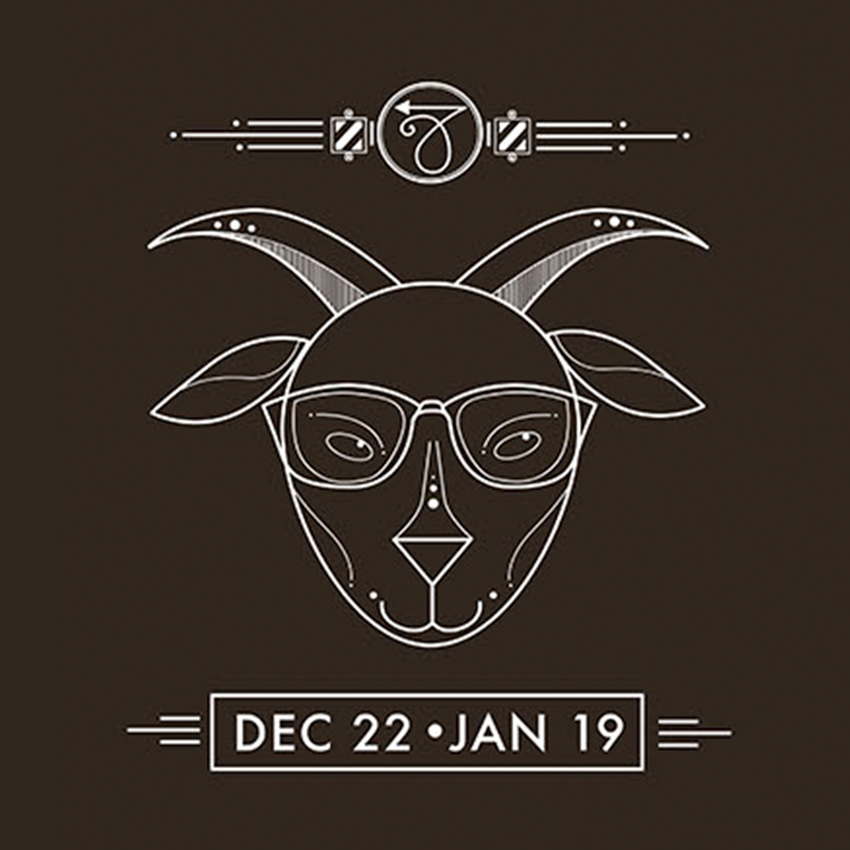 Capricorn zodiac symbol of a goat wearing glasses. Dates: Dec 22 - Jan 19.