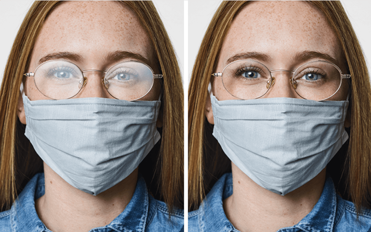 Side-by-side comparison of a person wearing glasses and a mask. Left: fogged glasses. Right: clear glasses.