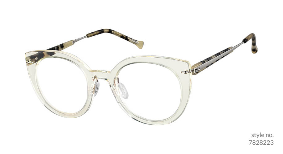 Clear round eyeglasses with tortoiseshell temples. Style no. 7828223.