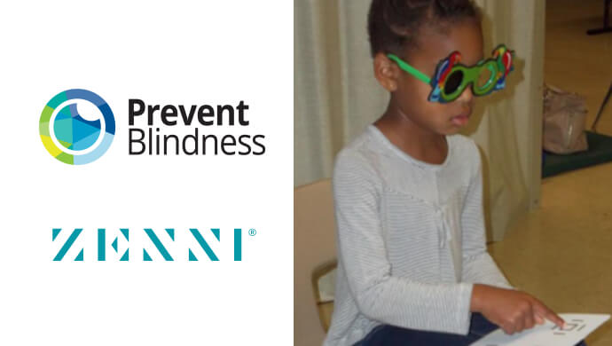 Prevent Blindness and Zenni logos. Child wearing colorful glasses while reading.