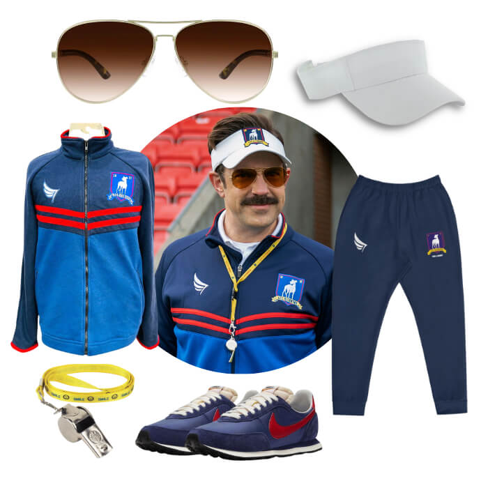 Athletic outfit with aviator sunglasses, white visor, blue track jacket and pants with red stripes, yellow whistle, and blue sneakers with red swoosh.