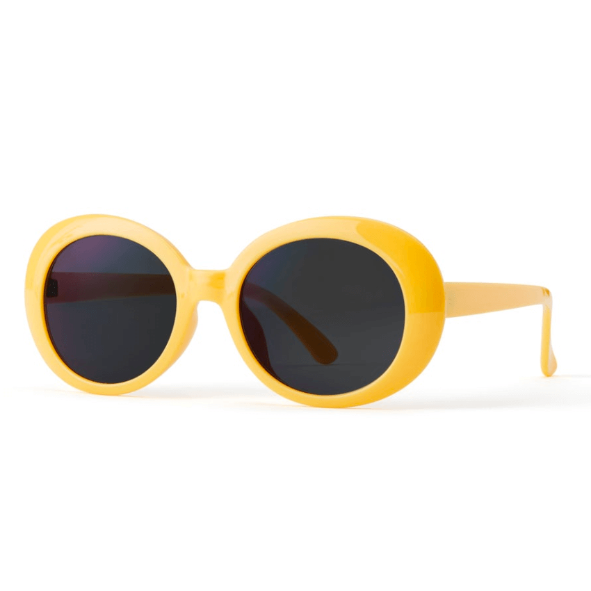 Yellow round-frame sunglasses with dark lenses.