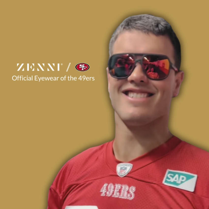 Zenni Official Eyewear of the 49ers, logo and text, a person wearing reflective sunglasses and 49ers jersey.