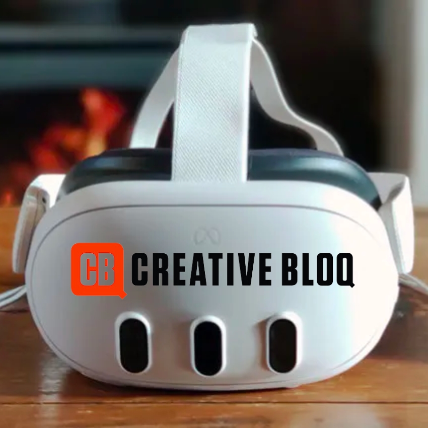 White VR headset with three sensors on a wooden surface, labeled "CB CREATIVE BLOQ" in black and orange.