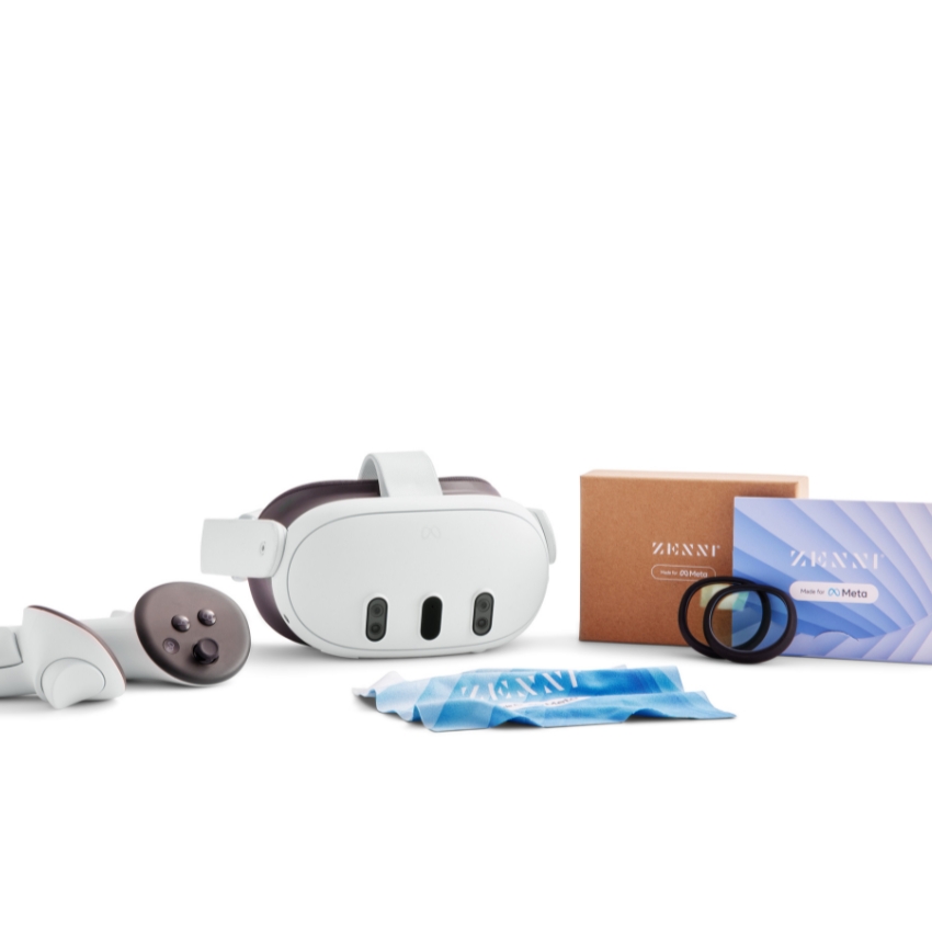 Virtual reality headset with controllers, Zenni branded box, Zenni wipes, and prescription lens inserts.