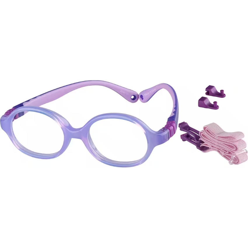 Purple children's eyeglasses with flexible temples. Includes two purple clips and pink adjustable strap.