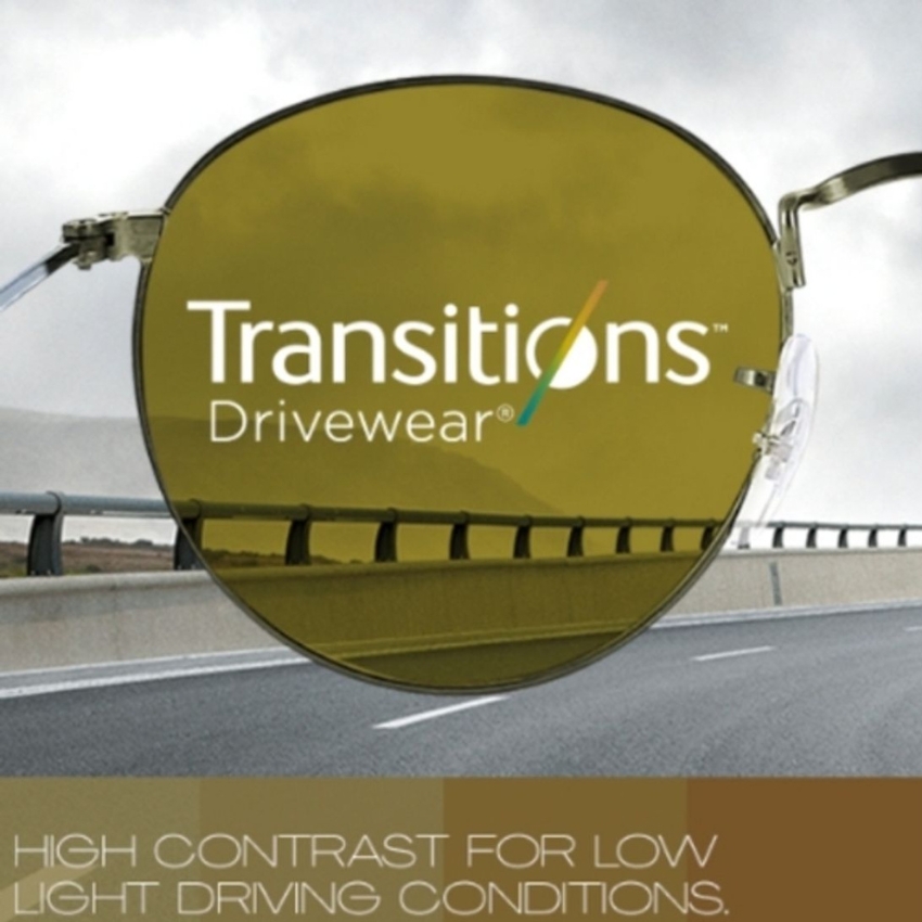 Transitions Drivewear lens for high contrast in low light driving conditions.