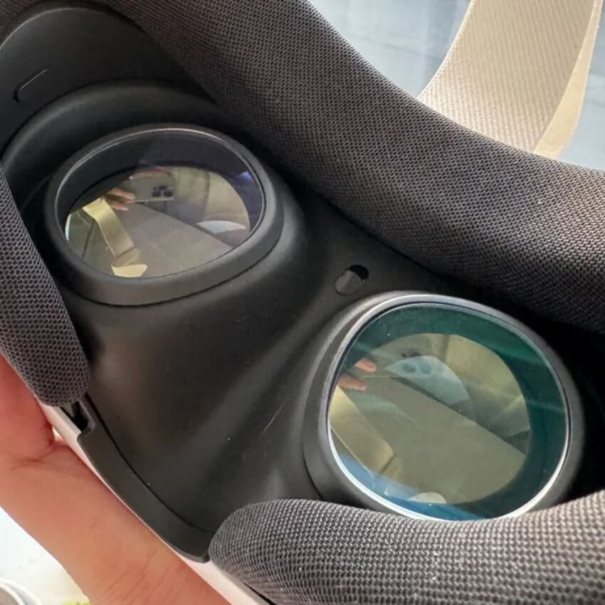 Close-up of virtual reality headset lenses with fabric padding around the edges.