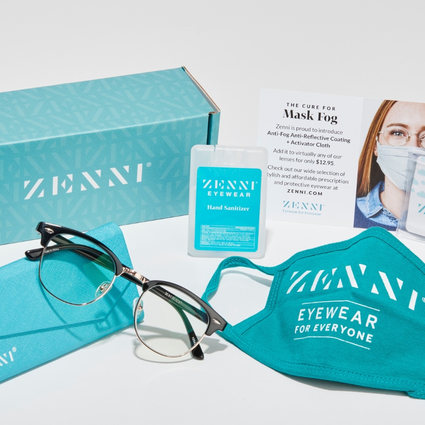 Zenni Eyewear products: glasses, mask with "Zenni Eyewear For Everyone", hand sanitizer, and brochure.