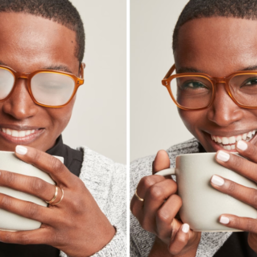 Before-and-after showing fogged-up glasses on left, fog-free glasses on right, person drinking hot beverage.