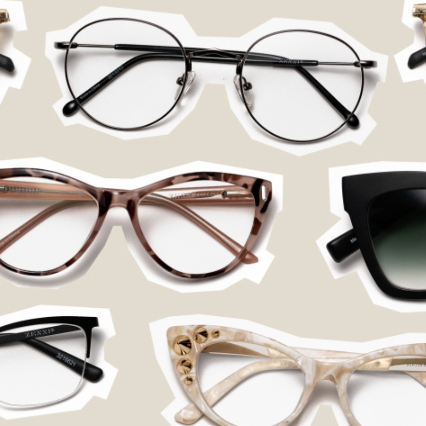 Six pairs of eyeglasses in different styles and colors, including round black and tortoiseshell frames.