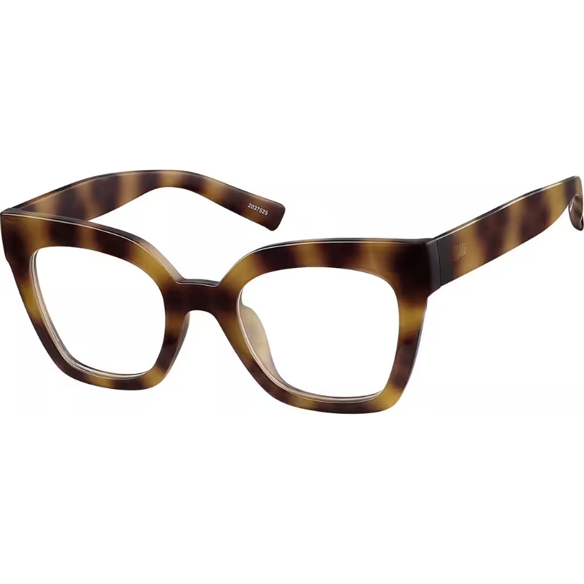 Tortoise shell cat-eye glasses with thick frames and the number 203725 printed on the inner temple.