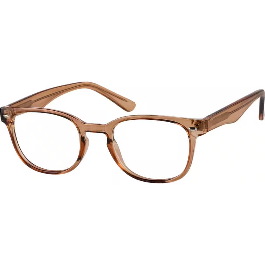 Translucent brown square glasses with a glossy finish and slightly rounded edges.