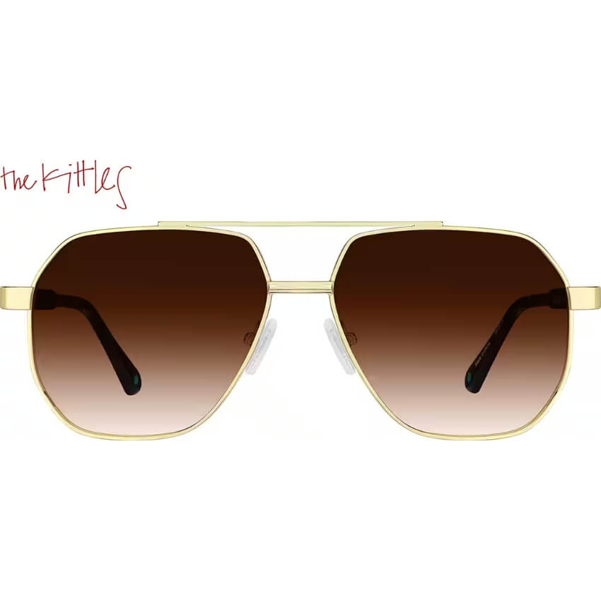 Gold-framed aviator sunglasses with brown gradient lenses. Text reads "the Kittles" in red script.