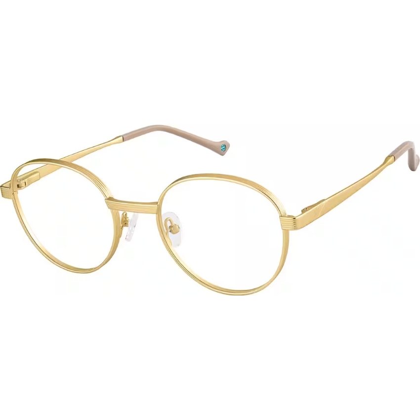 Gold round eyeglass frames with clear nose pads. Brown plastic tips on the arms.