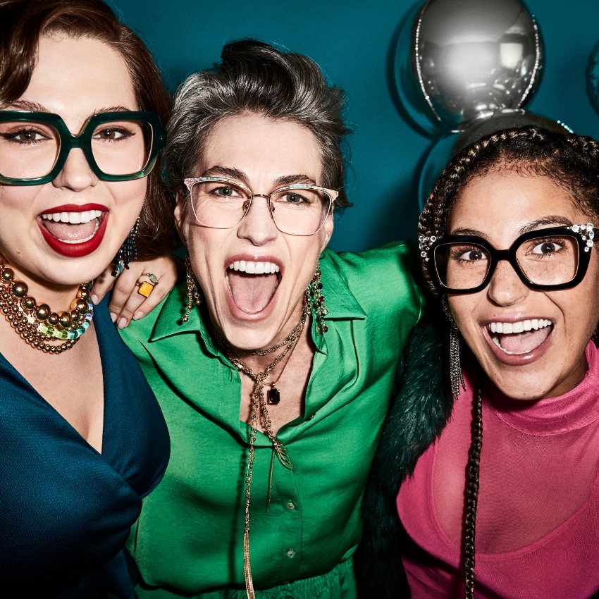 Three people wearing stylish eyeglasses, each with a unique frame design and color.