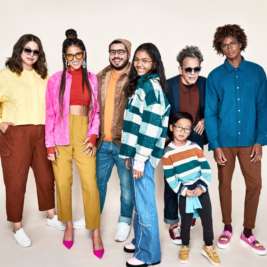 Diverse group wearing stylish eyewear, including sunglasses and prescription glasses.