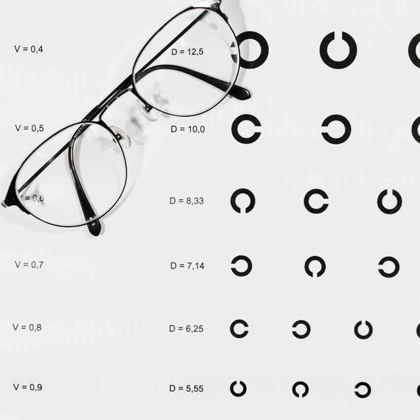 Black prescription glasses on an eye test chart with symbols and text: V = 0.4, D = 12.5; V = 0.5, D = 10.0; V = 0.6, D = 8.33; V = 0.