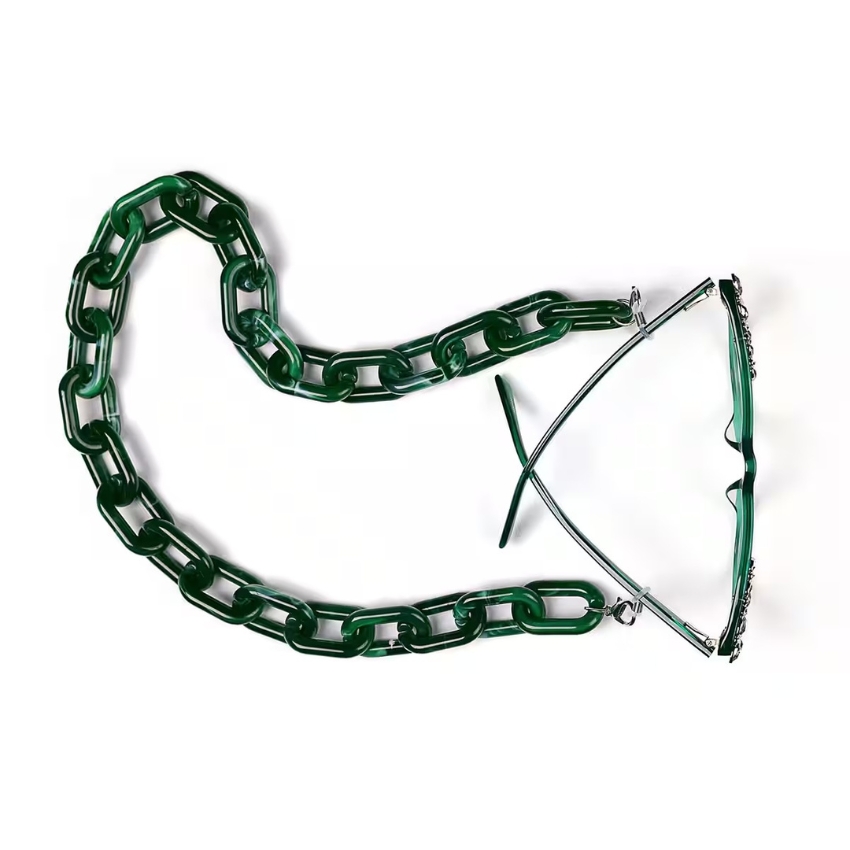 Green glasses with a thick green chain as the strap, linked to the frame's temples.