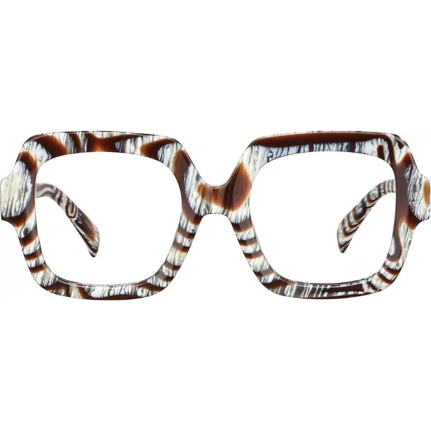 Square tortoiseshell eyeglass frames with a unique striped brown and white pattern.