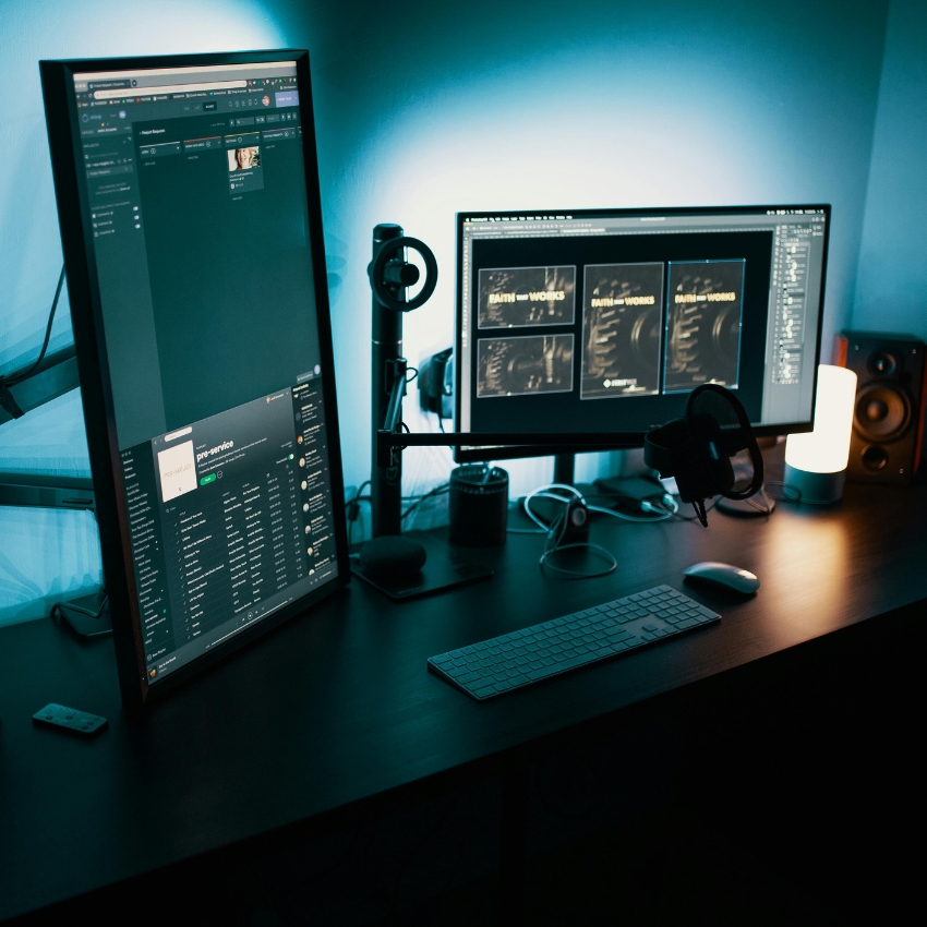 Dual monitor setup with a vertical screen displaying various apps and a horizontal screen showcasing graphic edits.