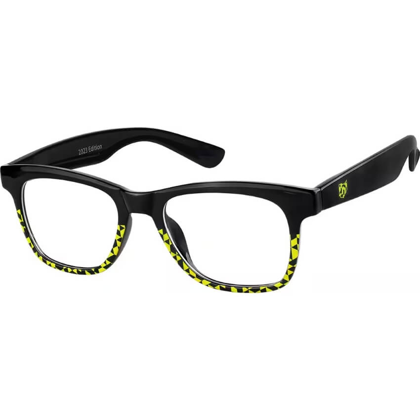 Black eyeglasses with yellow geometric patterns on the frames. The text "2023 Edition" is on the inside arm.