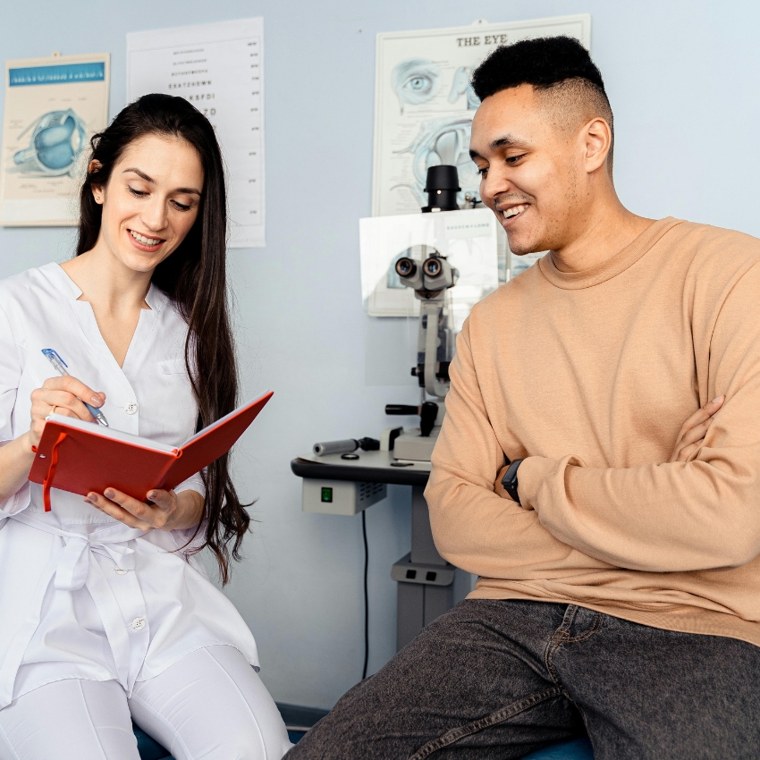 Optometrist in white coat taking notes while smiling patient in beige sweater sits opposite. Eye exam equipment in the background.