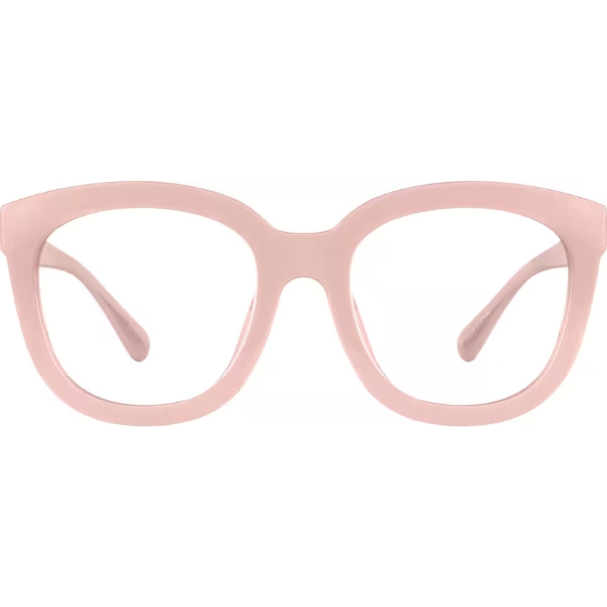 Pink, square-shaped eyeglasses with wide temples and a minimalist frame design.