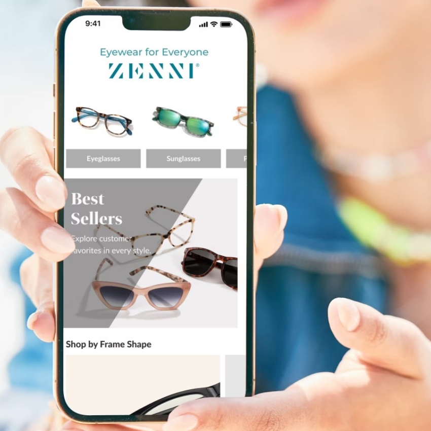 Smartphone screen displaying the Zenni website with eyeglasses, sunglasses, and the text: "Best Sellers: Explore customer favorites in every style."