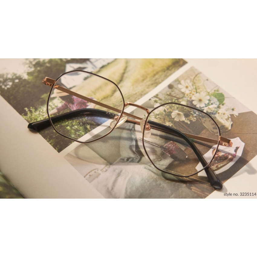 Gold-rimmed eyeglasses on a book, style no. 3235114.